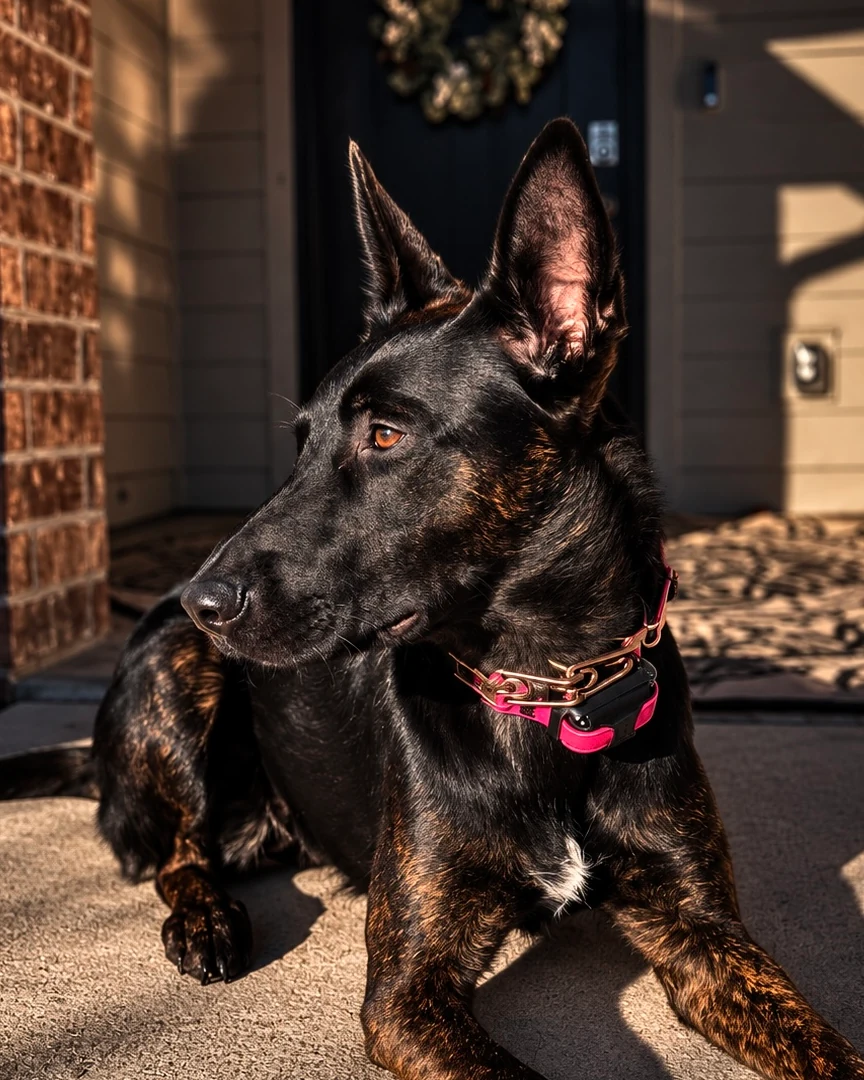 Phoenix, a brindle dog with upright ears, looking attentively to the left.
